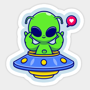 Cute Alien Riding UFO With Love Sign Cartoon Sticker